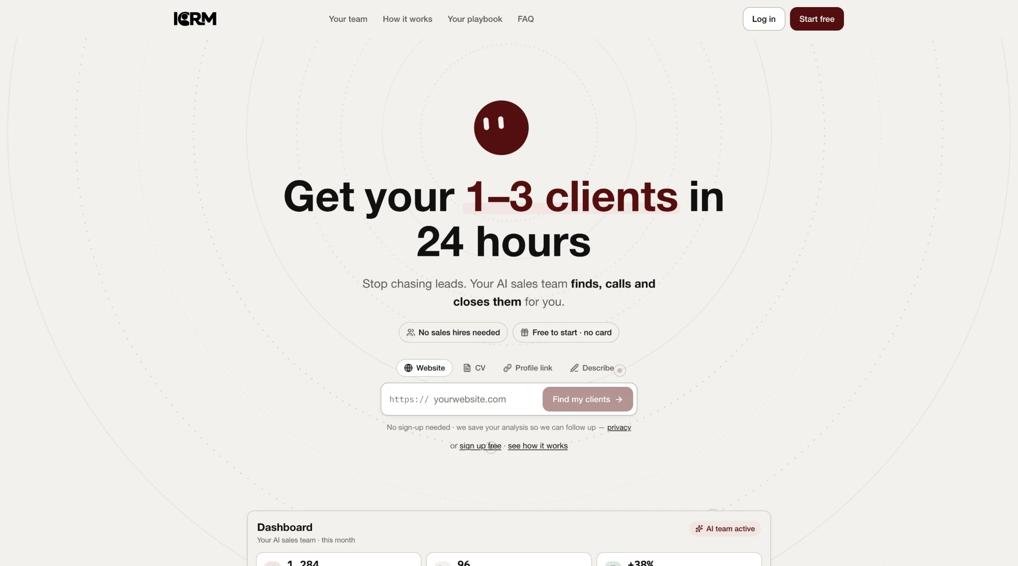 ICRM homepage: Get your 1–3 clients in 24 hours — your AI sales team finds, calls and closes them for you