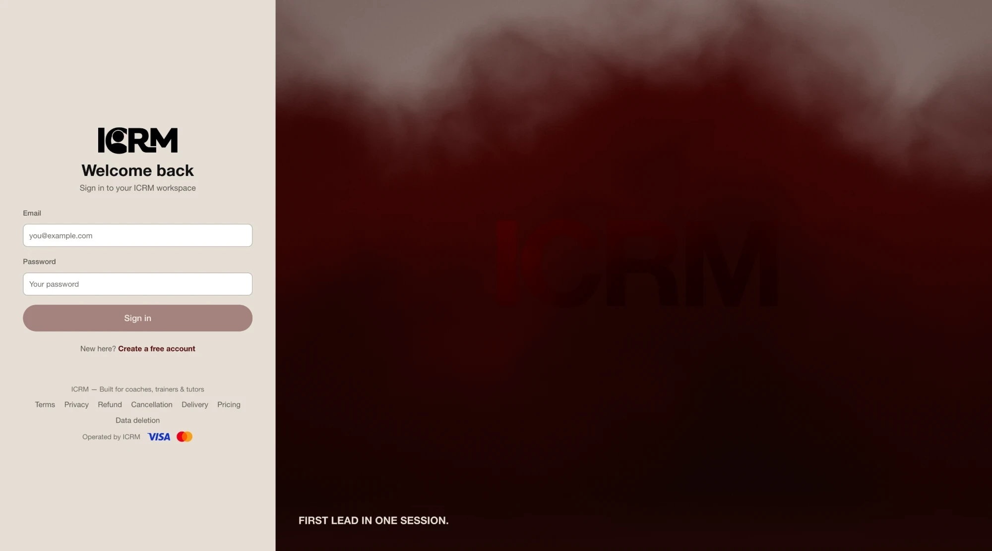 ICRM sign-in screen: Welcome back — sign in to your ICRM workspace