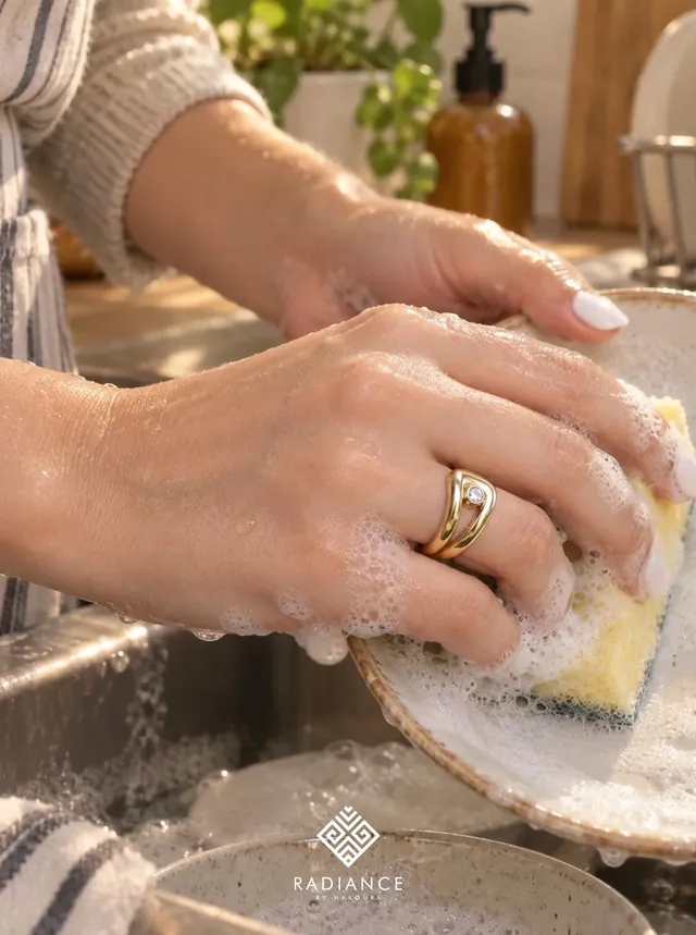 Radiance by Hakoura — gold ring while washing dishes