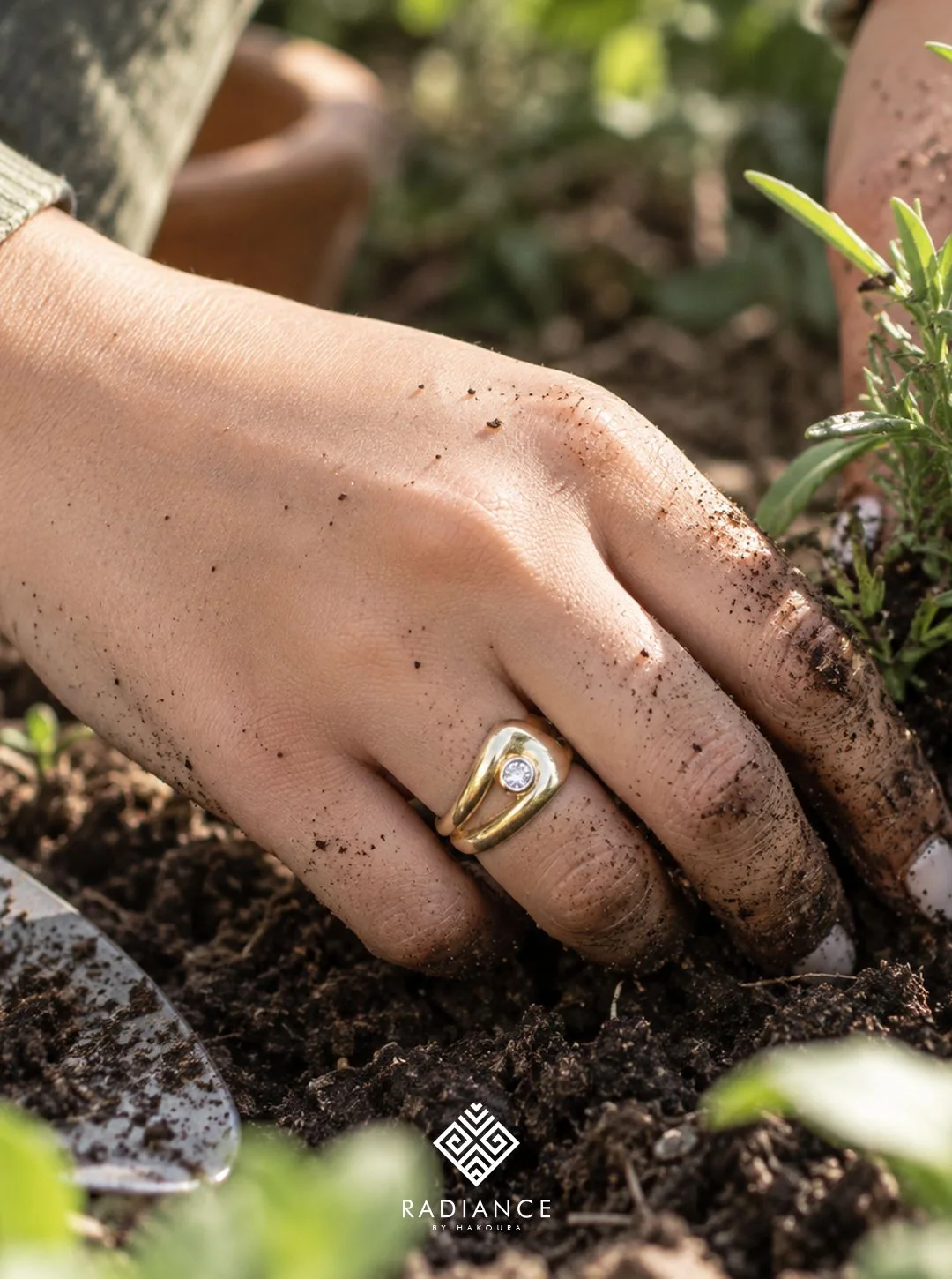 Radiance by Hakoura — gold ring while gardening